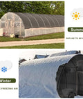 Greenhouse in summer with 10 By 20 Ft Shade Cloth With 55 Percent Shade, winter view covered in snow, demonstrating year-round protection.