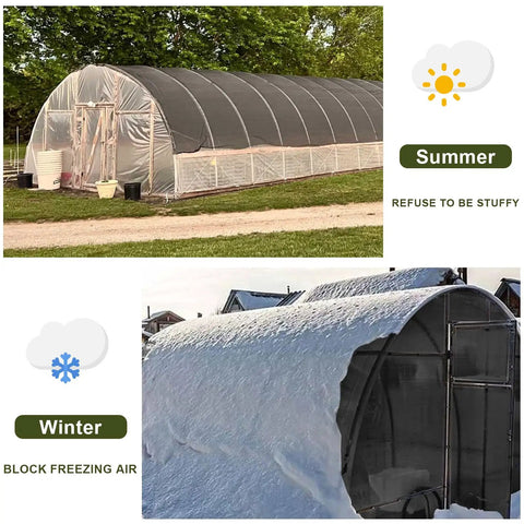 Greenhouse in summer with 10 By 20 Ft Shade Cloth With 55 Percent Shade, winter view covered in snow, demonstrating year-round protection.