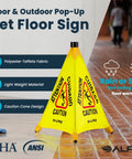 Built Tough Wet Floor Signs 3 Pack Pop Up Slippery When Wet Caution Stand With Wall Mount Holder 20 Inch Waterproof Poly Fabric OSHA Compliant on tiled floor.