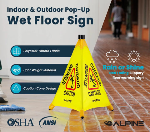 Built Tough Wet Floor Signs 3 Pack Pop Up Slippery When Wet Caution Stand With Wall Mount Holder 20 Inch Waterproof Poly Fabric OSHA Compliant on tiled floor.