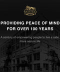 Master brand logo over vintage factory with text: 'Providing Peace of Mind for Over 100 Years' in grayscale background.