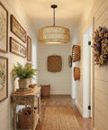 Five Light Hand Woven Rattan Chandelier With Totally Adjustable Drop From Nine To Fifty Two Inches And Soft Linen Shades For Kitchen Island Super Cozy Glow hanging in a cozy hallway.