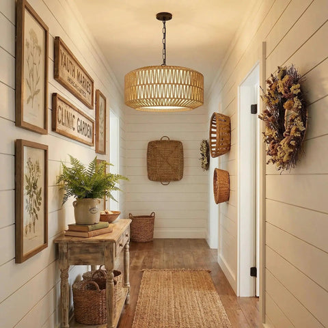 Five Light Hand Woven Rattan Chandelier With Totally Adjustable Drop From Nine To Fifty Two Inches And Soft Linen Shades For Kitchen Island Super Cozy Glow hanging in a cozy hallway.