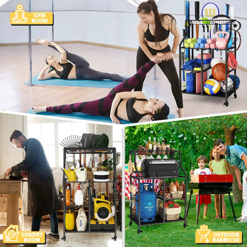 Beefy Garage Organizer With Wheels Large Capacity Garden Tool Storage Rack Heavy Duty Steel Outdoor Shed Organizer holding sports gear, gym