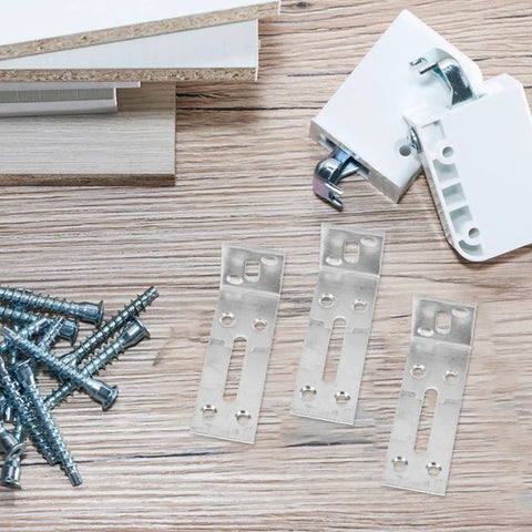 Six Pack Stainless Steel L Shaped Shelf Brackets With Slotted Holes Adjustable Corner Braces on wooden surface