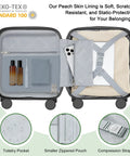 Interior view of the 14 Inch Underseat Carry On Luggage with Wheels, TSA Approved Hardshell Cabin Bag, showing toiletry pocket, zipped pouch, compression strap.
