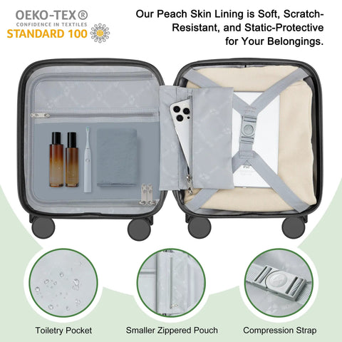 Interior view of the 14 Inch Underseat Carry On Luggage with Wheels, TSA Approved Hardshell Cabin Bag, showing toiletry pocket, zipped pouch, compression strap.
