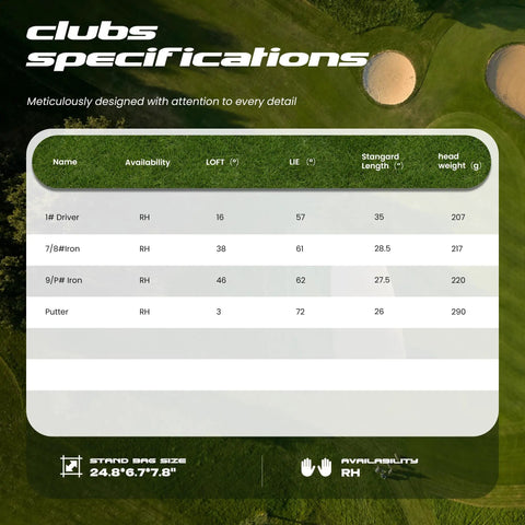 Kids Golf Club Set For Ages 6 To 8 With Stand Bag Right Hand Driver specs table on green background