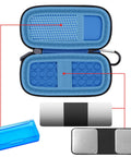Open blue hard travel case for KardiaMobile EKG monitors, showing anti-shock foam lining and accessory storage compartments.