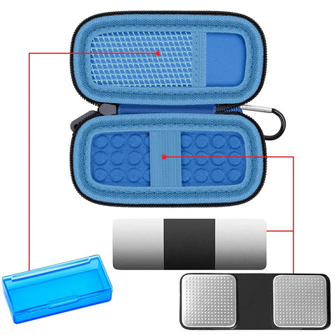 Open blue hard travel case for KardiaMobile EKG monitors, showing anti-shock foam lining and accessory storage compartments.