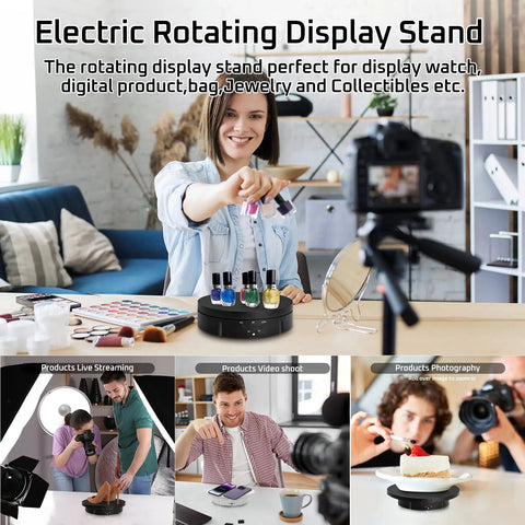 Stunning 3 in 1 Motorized Rotating Display Stand With Remote Control Max 22 Lbs Load For Jewelry Watches Products Photography Shoots Smooth 360 Electronic Turntable showcases colorful nail polish and various products.