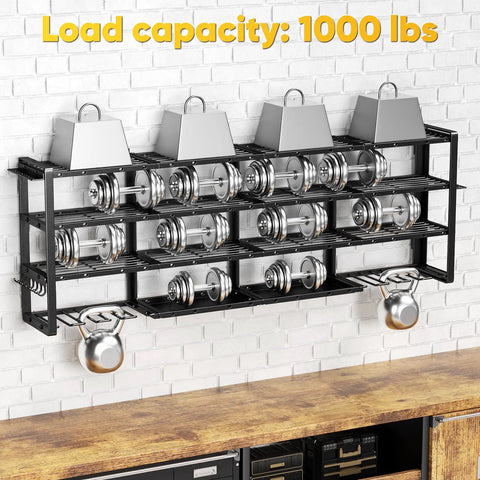 Front view of Massive 64 Inch Power Tool Organizer Wall Mount With 1000 Lbs Load Capacity, Heavy Duty 4 Tier Garage Storage Rack installed.