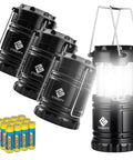 Four Pack LED Camping Lanterns For Power Outages And Emergencies, Battery Operated, Collapsible Black Lights shown with batteries