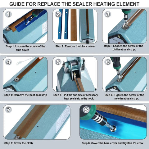 Guide for replacing heating elements with 10 Pack 12 Inch Impulse Sealer Heating Elements With Cloth Tape Replacement Strips For F 300 FS 300 PFS 300 Compatible Heat Sealer Replacement Parts For Quick Repairs.