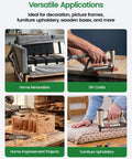 Four images showing applications for Top Notch 22 Gauge 71 Series Galvanized Upholstery Staples 3/8 Inch Crown By 3/8 Inch Leg Bulk Pack.