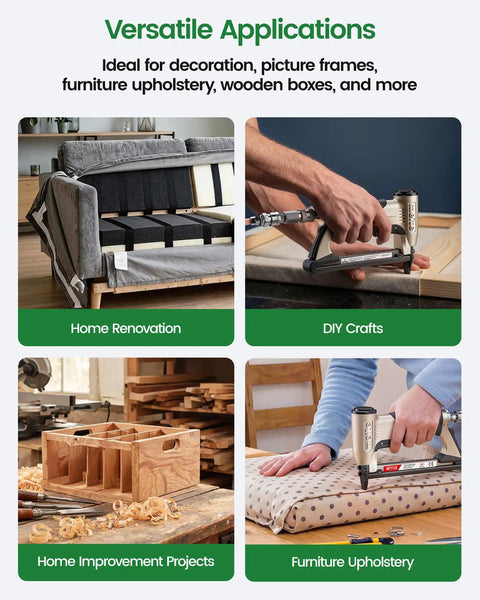 Four images showing applications for Top Notch 22 Gauge 71 Series Galvanized Upholstery Staples 3/8 Inch Crown By 3/8 Inch Leg Bulk Pack.