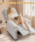 Cozy Linen Recliner Chair With Padded Deep Seat And Side Pockets, Easy Manual Recline To Near Flat For Reading Or Binge Watching TV