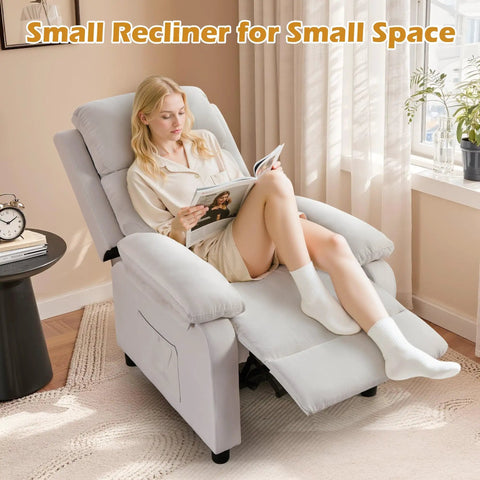 Cozy Linen Recliner Chair With Padded Deep Seat And Side Pockets, Easy Manual Recline To Near Flat For Reading Or Binge Watching TV