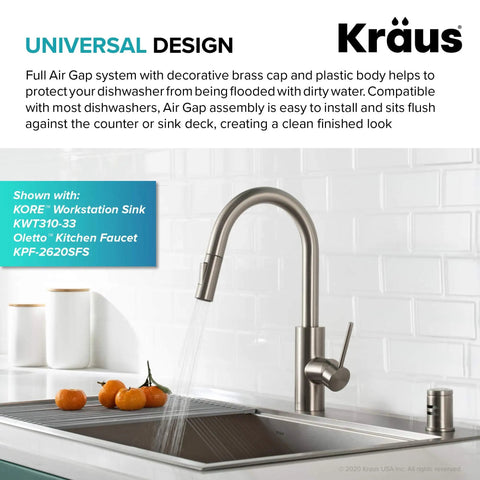 Dishwasher Air Gap Kit in Spot Free All-Brite Stainless Steel Keeps Your Dishes From Backing Up, Prevents Wastewater Contamination, Easy Install, 9 Inch Overall Height, Includes Air Gap Kit, Model KAG-1SFS installed in modern kitchen sink next to faucet.