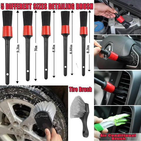 All In One Long Handle Car Wash Kit With 62 Inch Reach, 16 Piece Cleaning Set detailing brushes and tire brush use
