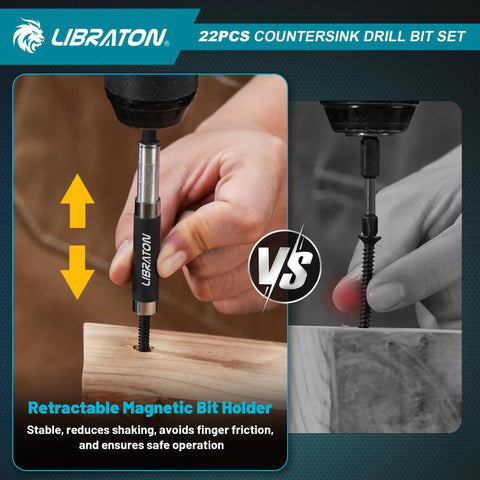 22 Piece Countersink Drill Bit Set For Woodworking With Magnetic Holder drilling into wood