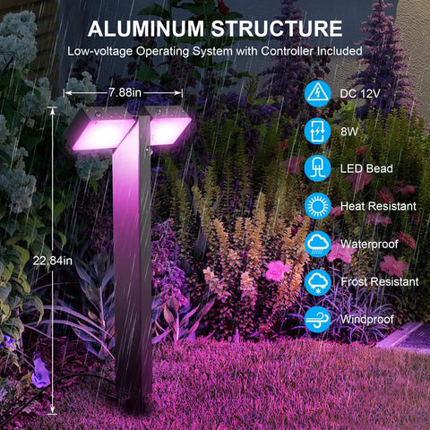 Low Voltage Outdoor LED RGBW Landscape Lights 12V 8W, 400LM Smart Path Lights with App Control in garden setting