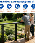 Couple enjoying view on deck with Matte Black 12-20 ft Cable Railing Post Kit with 4 Posts, 206 ft of Stainless Steel 1/10 Inch Wire Rope