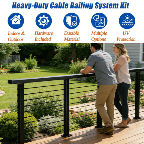Couple enjoying view on deck with Matte Black 12-20 ft Cable Railing Post Kit with 4 Posts, 206 ft of Stainless Steel 1/10 Inch Wire Rope