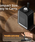 Compact Ceramic Space Heater For Office And Bedroom, 2 Speed Portable Desk Heater With Overheat And Tip Over Protection, shown on table with dimensions displayed.