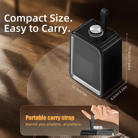 Compact Ceramic Space Heater For Office And Bedroom, 2 Speed Portable Desk Heater With Overheat And Tip Over Protection, shown on table with dimensions displayed.