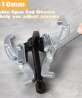 Beefy 3 Jaw Gear Puller Removal Tool Kit For Bearings, Gears, Pulleys And Flywheels, with double open end wrench in use