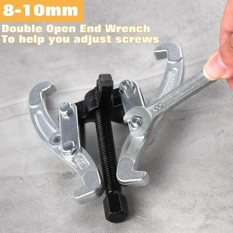 Beefy 3 Jaw Gear Puller Removal Tool Kit For Bearings, Gears, Pulleys And Flywheels, with double open end wrench in use