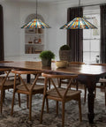 Two Light Tiffany Style Pendant Light Fixture 16 Inch Large Mission Vintage Stained Glass Hanging Lamp For Kitchen Island Dining Room And Bedroom Lit Premium Finish over a dining table.