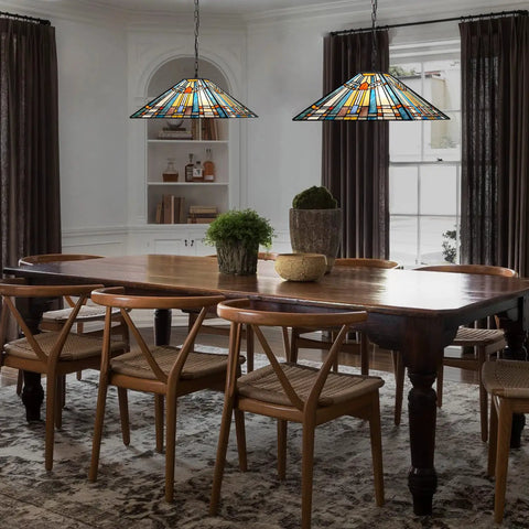 Two Light Tiffany Style Pendant Light Fixture 16 Inch Large Mission Vintage Stained Glass Hanging Lamp For Kitchen Island Dining Room And Bedroom Lit Premium Finish over a dining table.