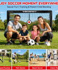 Family with children playing soccer in park using Two Pack 4x3 Feet Kids Soccer Goals For Backyard Portable Pop Up Nets With Targets.
