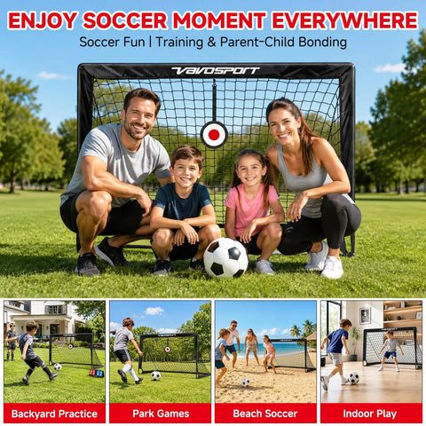 Family with children playing soccer in park using Two Pack 4x3 Feet Kids Soccer Goals For Backyard Portable Pop Up Nets With Targets.