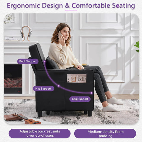 Woman seated on black Leather Convertible Sleeper Chair Bed For Adults with back, hip, and leg support in living room.