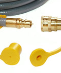 Close-up of brass quick-connect fittings on 12 Foot Three Eighths Inch ID Natural Gas Hose With Quick Connect Low Pressure LPG Hose.
