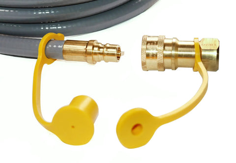 Close-up of brass quick-connect fittings on 12 Foot Three Eighths Inch ID Natural Gas Hose With Quick Connect Low Pressure LPG Hose.