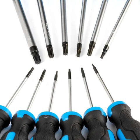Magnetic Torx Screwdriver Set With 12 Pieces T5 Through T40 6 Point Star Heads arranged with cushioned grips shown