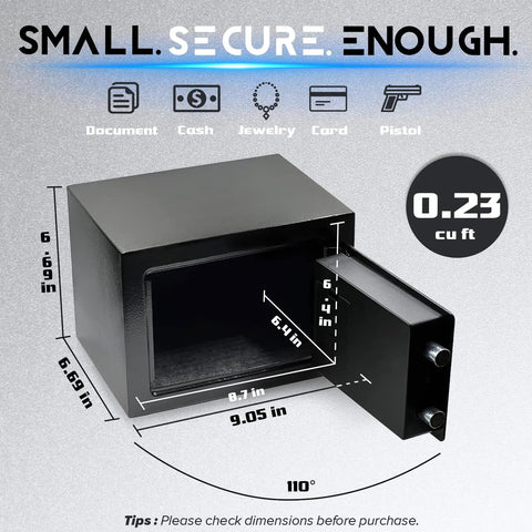 Image showing dimensions of Compact Hidden Safe Box For Money And Valuables With Keys And Digital Code, Portable Wall Safe.