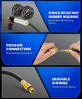 Orion Motor Tech cylinder leak-down tester kit with dual gauges, brass push-on connectors, and hose with O-ring seal
