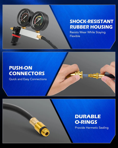 Orion Motor Tech cylinder leak-down tester kit with dual gauges, brass push-on connectors, and hose with O-ring seal