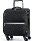 Black underseat carry on luggage with spinner wheels, 16 inch small rolling softside suitcase for women airline approved TSA lock