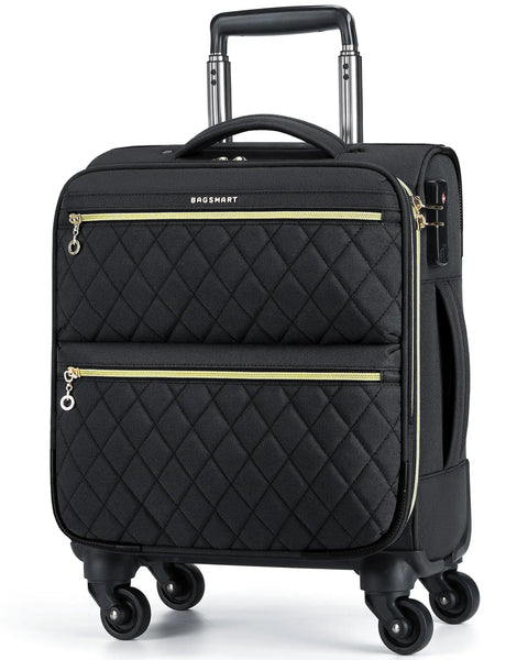 Black underseat carry on luggage with spinner wheels, 16 inch small rolling softside suitcase for women airline approved TSA lock