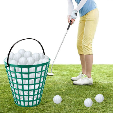 Two Pack Golf Ball Basket With Handle Made From Durable ABS Non Rolling Flat Sided Ball Holder For Practice Balls and golfer on grass