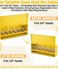 Fire Sprinkler Head Storage Box Cabinet for 12 heads, yellow steel, fits 1/2 and 3/4 inch heads, organized for job sites.