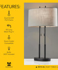 Two Light Table Lamp With Dual Pull Chains, Antique Bronze Finish And Taupe Fabric Shade, 27 Inch Tall, on nightstand