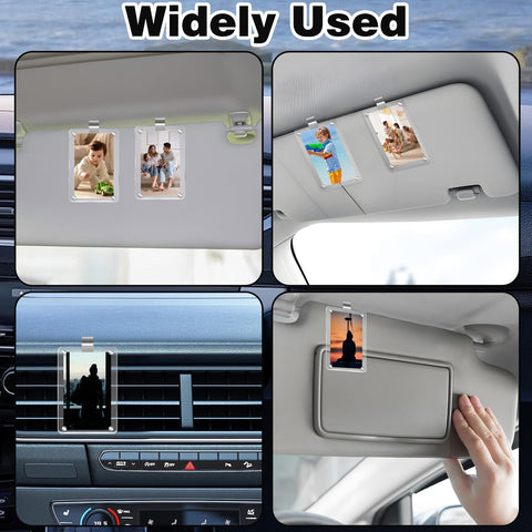 Various views of Two Pack Acrylic Magnetic Car Photo Holder Visor Clip Set Must Have Personalized Picture Frame for car interiors.