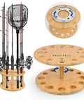 360 Degree Rotating Bamboo Fishing Rod Holder Floor Stand That Holds Up To 12 Rods with visible details of slots and base